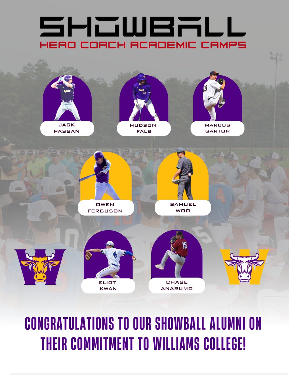 ShowBallCamps's tweet photo. Congratulations to our Showball alumni on their commitment to WILLIAMS COLLEGE!
@PassanJack, @OwenFeruson26, @eliotkwan2, @ChaseAnarumo, Samuel Woo, Marcus Garton, and Hudson Falb! 
#showball #williamsbaseball #showballbaseball #showballshowcase https://t.co/bWSBBNzgAI