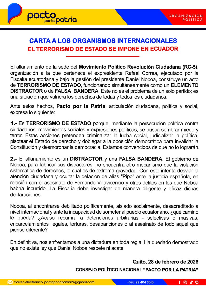 PactoxlaPatria's tweet photo. 💧El allanamiento a la sede de la Revolución Ciudadana (#RC5) es un ataque a la democracia y los derechos humanos. No podemos callar ante la persecución política y la manipulación.

¡Comparte y únete a la lucha por la justicia y la verdad!

Tenemos un:
▶️ @PactoxlaPatria https://t.co/xNoWk2DRyn