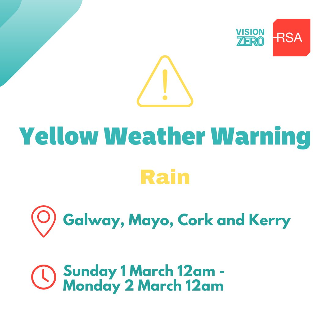 RSAIreland's tweet image. Met Éireann issued a Yellow Rainfall warning from minight across Galway, Mayo , Cork and Kerry.

#VisionZero