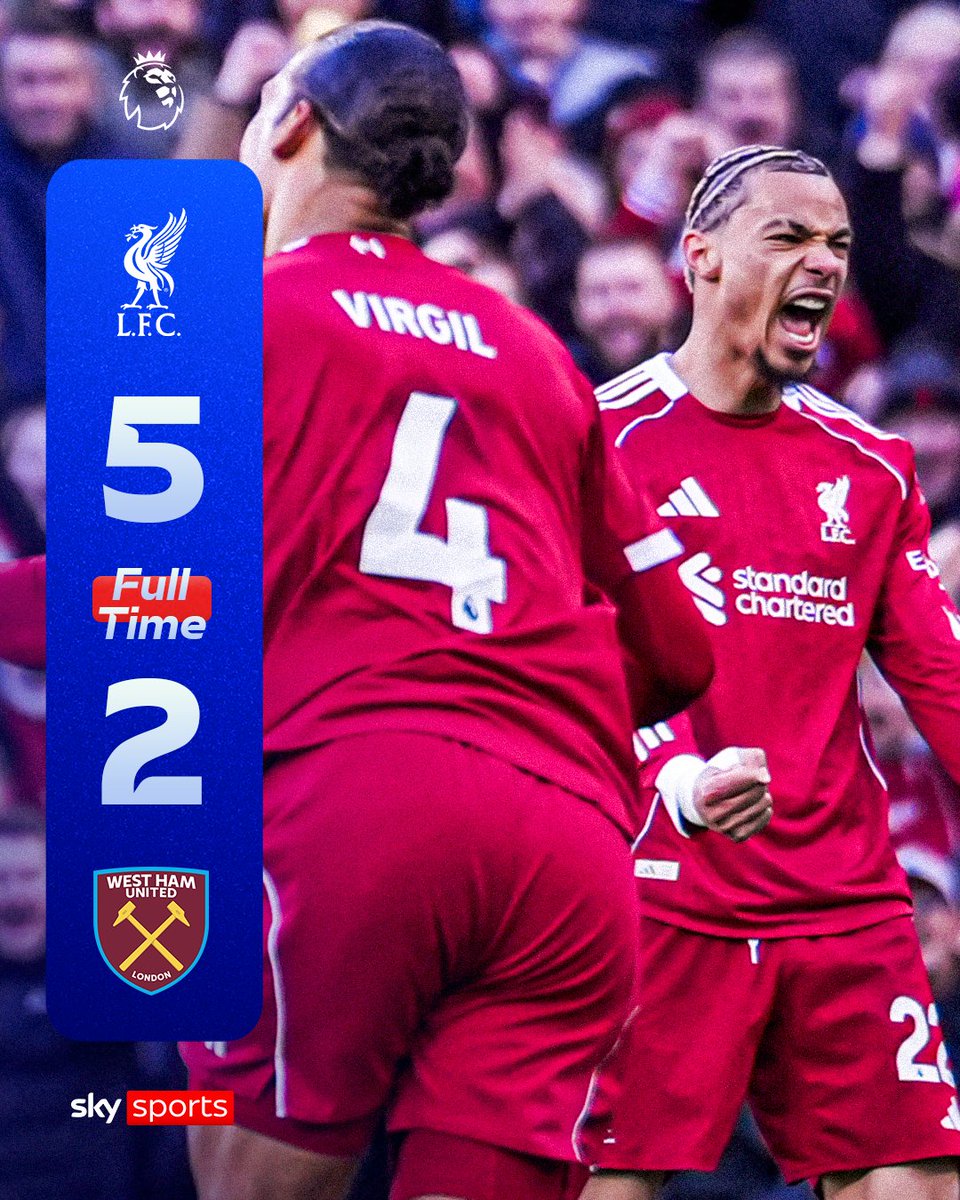FULL-TIME: Liverpool blow away the Hammers and go level on points with Manchester United! 📈