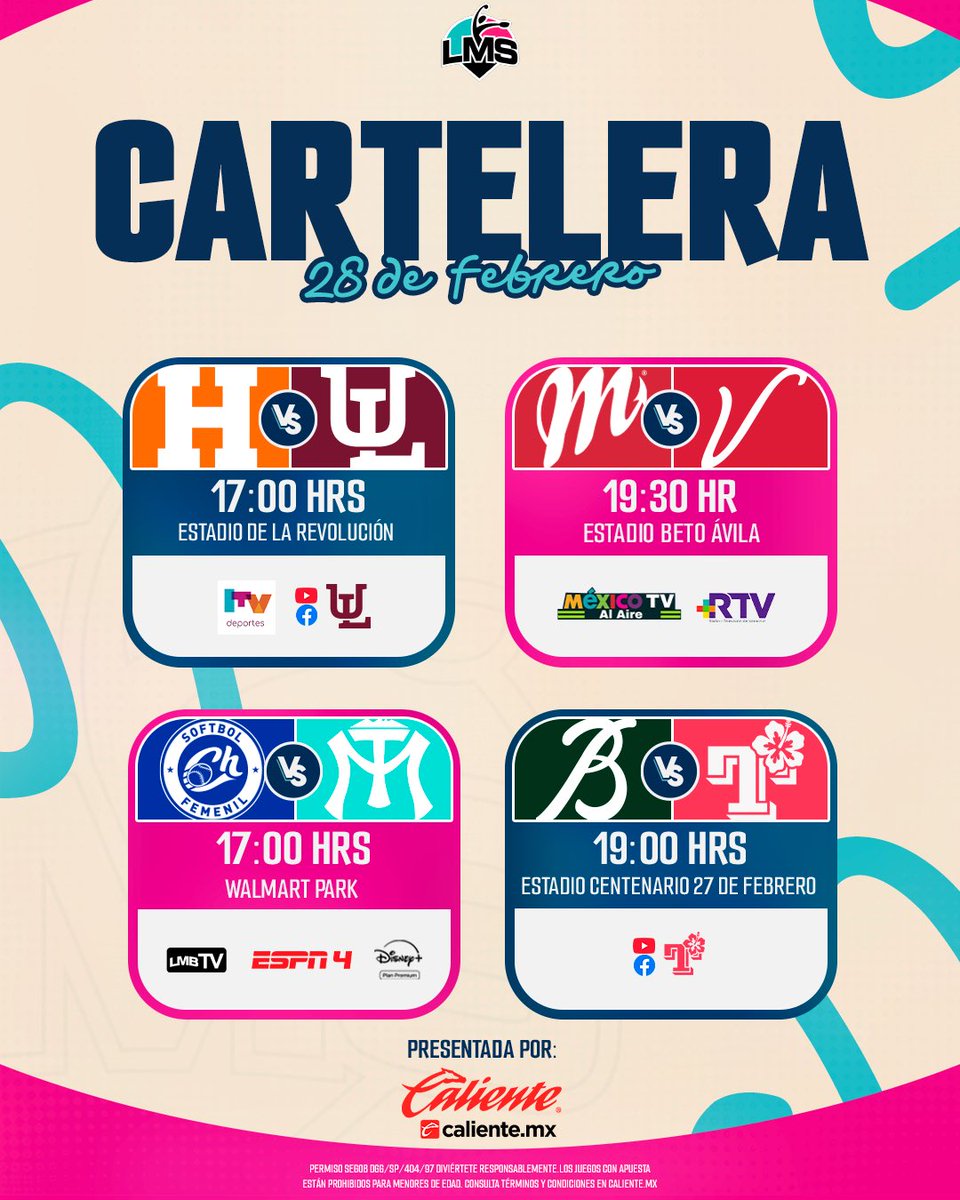 LigaMexSoft's tweet photo. Esta es la cartelera del día de hoy, presentada por @calientesports 🔥

Si El Águila 🦅 gana hoy, asegura su pase a playoffs. 🚨

Regístrate en @calientesports y recibe $1,000 de regalo 📲 https://t.co/TKIvKHIWZ0

#EnMiSoftEra 🥎🎀 #MásAcciónMásDiversión 🔥 https://t.co/o2YrxjiTem