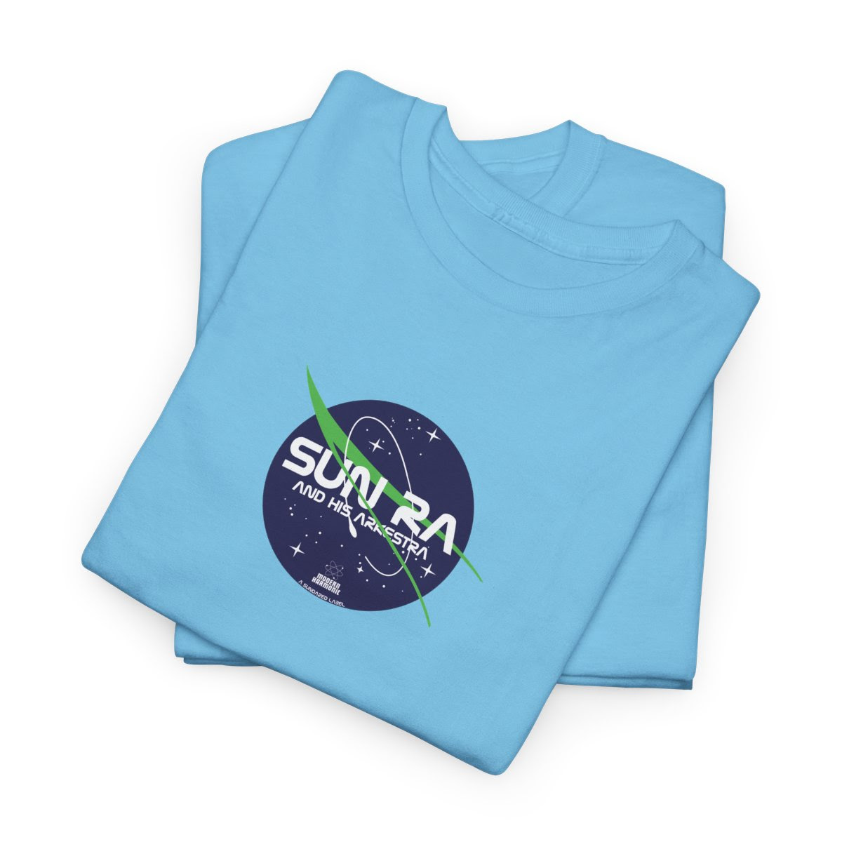 ModernHarmonic's tweet photo. We've finally got around to whipping up a new shirt for our Printify T-Shirt Store! It is obviously a knock off of the NASA logo James Modarelli designed back in 1959. Sky blue felt appropriate, but you can choose your own color here: https://t.co/RZtFIrCS0Z https://t.co/XZlzW6zcew
