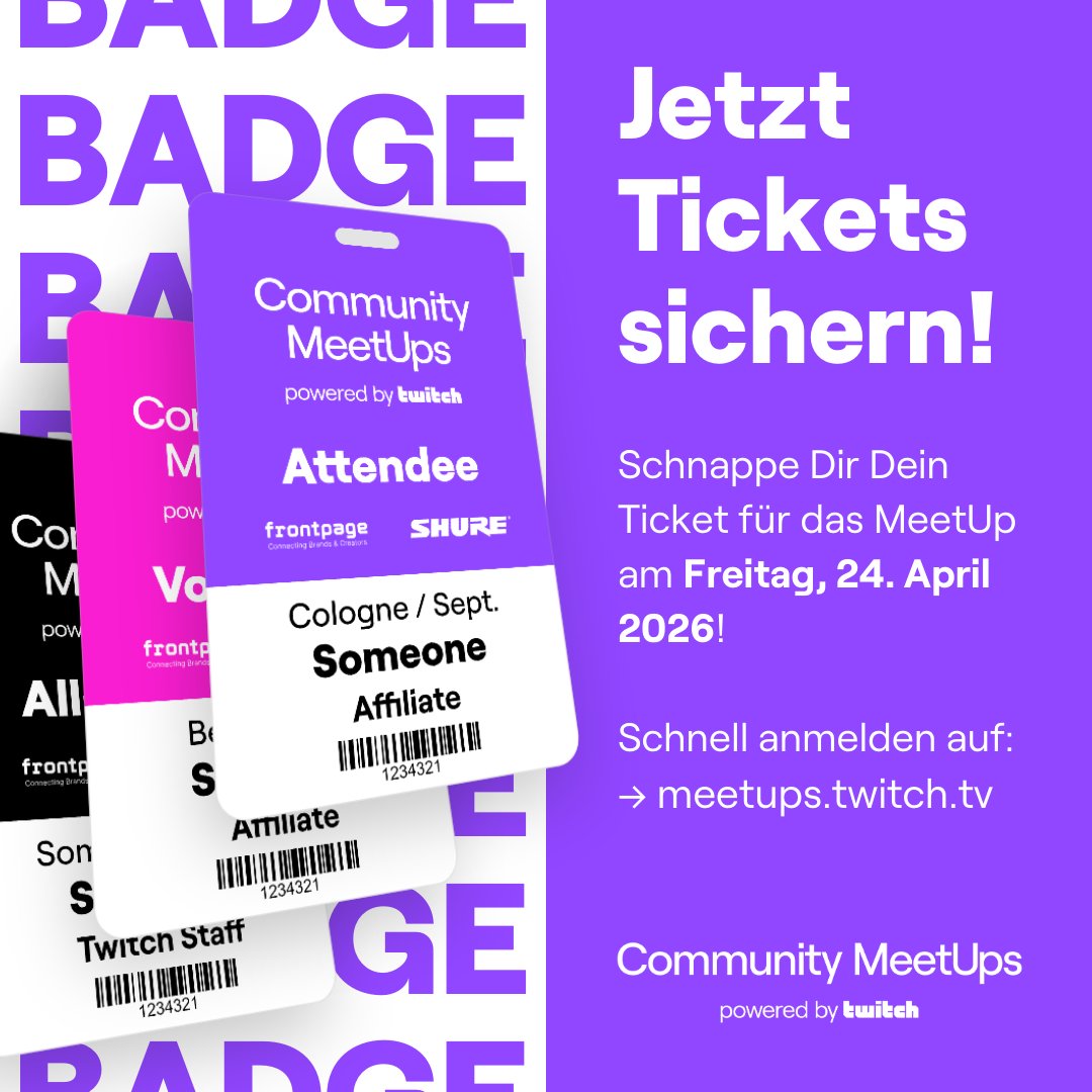 Es wird wieder Zeit für MeetUps.
Am 24.04. findet das erste große Community MeetUp, Powered by <a href="/TwitchDE/">Twitch DE</a> in 2026 statt.

📍 <a href="/xperion_germany/">XPERION</a> Berlin, Alexanderplatz
📅 24.04.
🕔 17:30 - Open End

🎟️meetups.twitch.tv/e/mmesj4/?utm_…

#twitch #twitchcommunity #meetup #berlin
