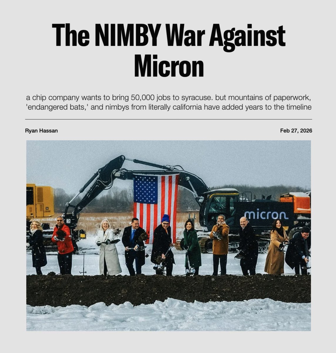 China has effectively blocked all new fab development in the USA by funding NIMBY groups to wage environmental lawfare (only costs them a ~$100k)

Micron spent 4 years doing environmental reviews. They haven't broken ground yet, and they're already being sued to for 6 more years.