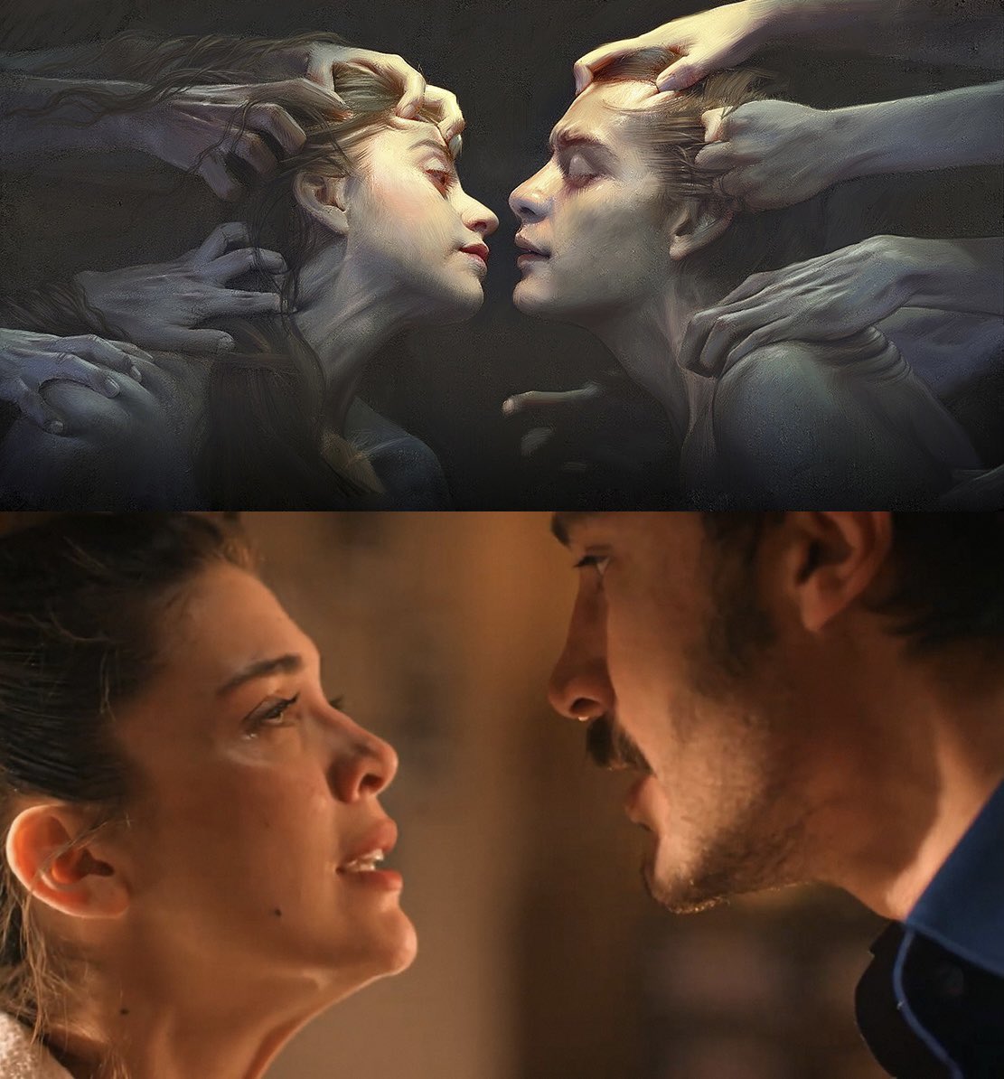 The visual of the mountain house scene reminded me of this illustration and interpretation of the “Romeo and Juliet” story by the artist Sergio Cupido. 
This illustration beautifully conveys the idea of ​​love's longing to meet, while external forces physically separate them from