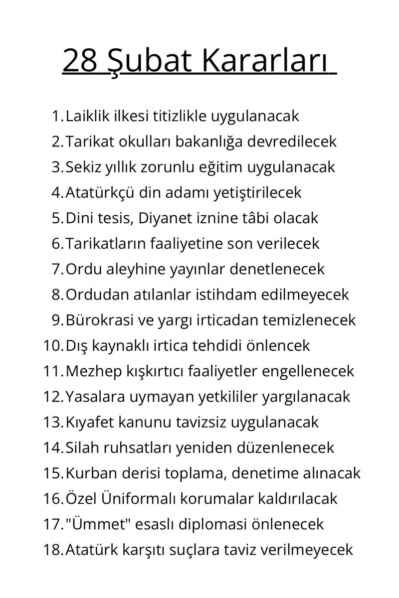 ‼️28 Şubat Darbe Değildir...
28 Şubat diye diye 29 yıldır milyonlarca Türk gencinin hayallerini yıktınız ve kul hakkına girdiniz. Dünyanın en zenginleri arasına girdiniz hala Bi bitmedi mağduriyetiniz...
O kararlar uygulansaydı bugün bu rezil günleri yaşamayacaktık... 
#28şubat