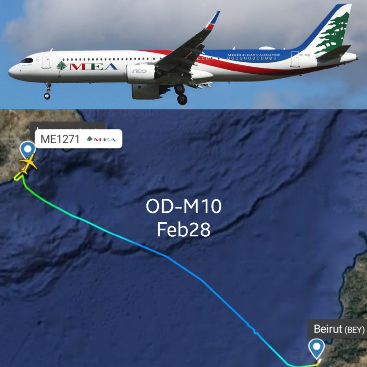 LebanonJets's tweet photo. MEA Fleet update Feb28:
#T7ME5 stuck in Dubai DXB
#T7ME7 moved to park in Larnaca
#ODM10 moved to park in Larnaca https://t.co/rogztiFy5d
