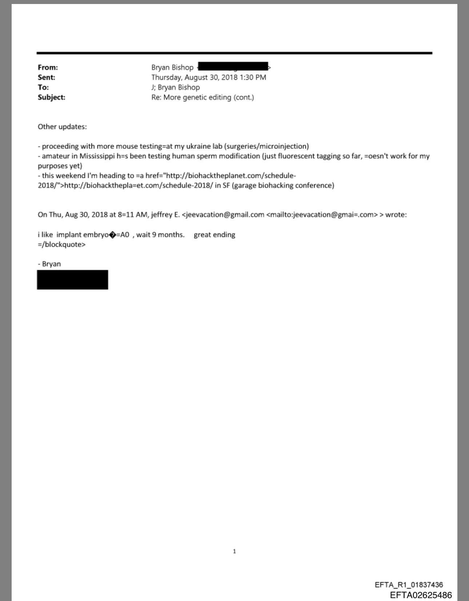 🚨Enthüllt: Jeffrey Epstein finanzierte eine geheime Eugenik-Horror-Show in der Ukraine.

Fast 10 Millionen Dollar aus Epsteins schmutzigem Pädophilen-Vermögen flossen in Pläne für Designer-Babys und menschliche Klone.

Bryan Bishop, der Bettler am Thron des Monsters, prahlte in