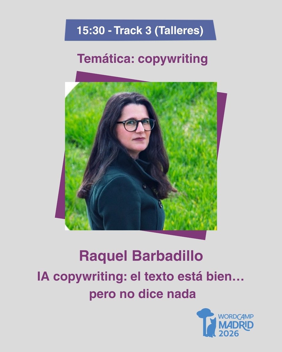 WordCampMad's tweet photo. 🔥IA copywriting: el texto está bien… pero no dice nada

En este taller Raquel Barbadillo abordará cómo trabajar los textos generados con #IA desde una mirada más crítica y menos automática.

Track 3 - 15:30 

 🎟️ https://t.co/DcGid4s5Zi

#WordPress #WCMAD https://t.co/2HTzEs2So6