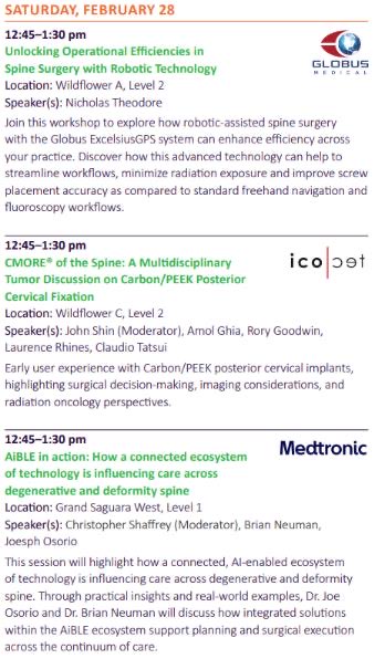 spinesection's tweet photo. Get an inside look at innovation during today's Lunch-N-Learns at #SpineSummit. Sessions will explore robotic‑assisted workflows that support efficiency and accuracy, evolving approaches to Carbon/PEEK fixation in complex tumor cases, and how connected, AI‑enabled ecosystems are shaping planning and execution across degenerative and deformity care. Join @medtronic, @icotecmed and @globusmedical to see how new tools and technologies are influencing practice across multiple areas of spine. @AANSNeuro @CNS_Update @CNSResidents