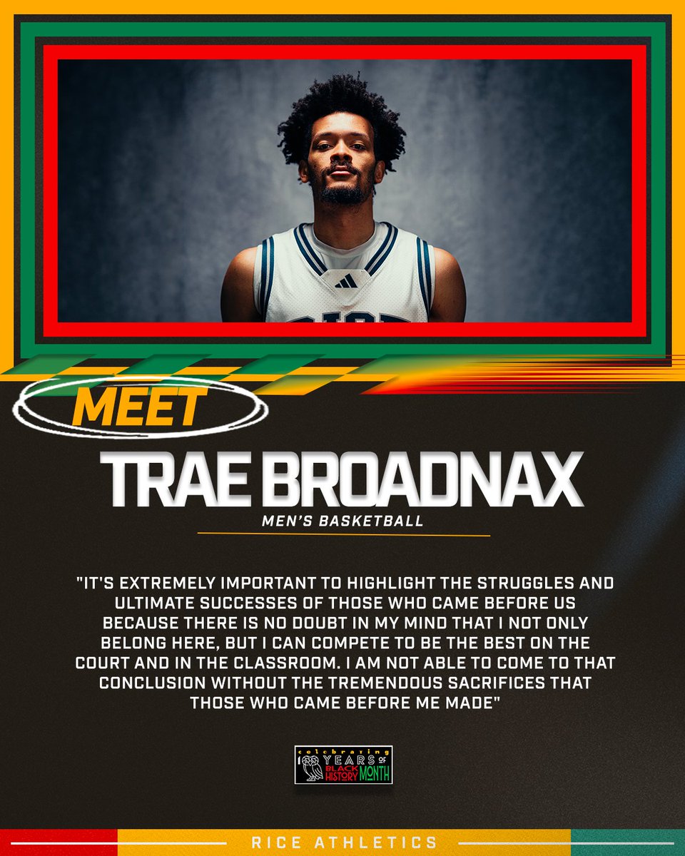 RiceAthletics's tweet photo. “How does the 100th Anniversary of Black History Month inspire your impact at Rice?”
Meet Trae Broadnax, sharing what this milestone means to them.
#GoOwls👐 #BlackHistoryMonth #OwlInTaskForce https://t.co/lPNOGRKvbA