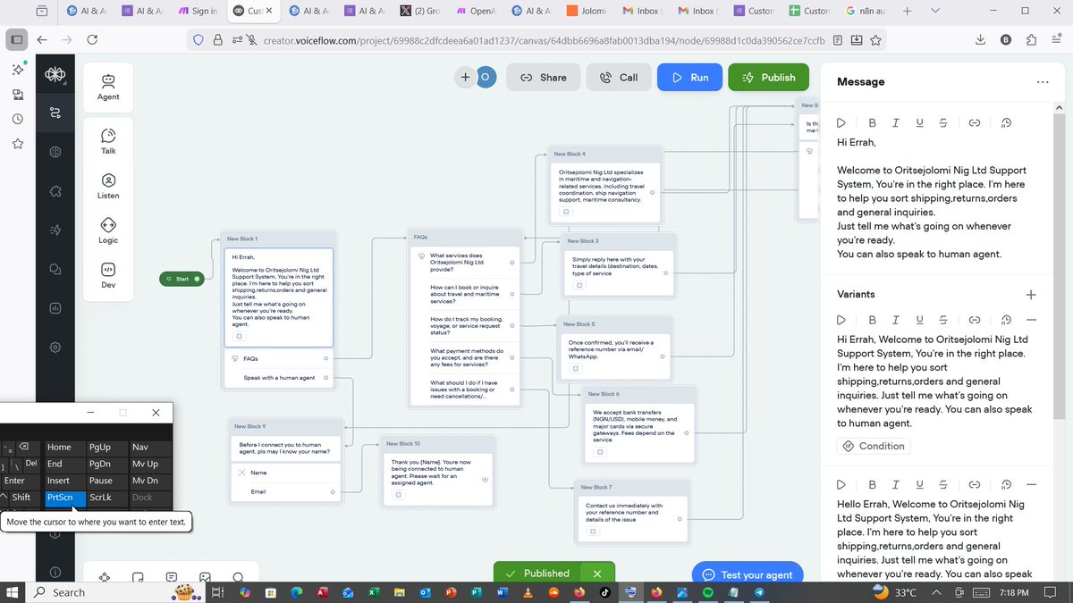 ORITSEJOLOMI7's tweet photo. Just built my first Customer Support Chatbot! 🚀AI &amp; Automation course — created a simple but fully functional customer support bot that: Answers 5 common FAQs instantly
 Collects name + email for follow-ups Has a smart fallback when it doesn't understand.
📷Platform: Voiceflow. https://t.co/UJ5usOvOad