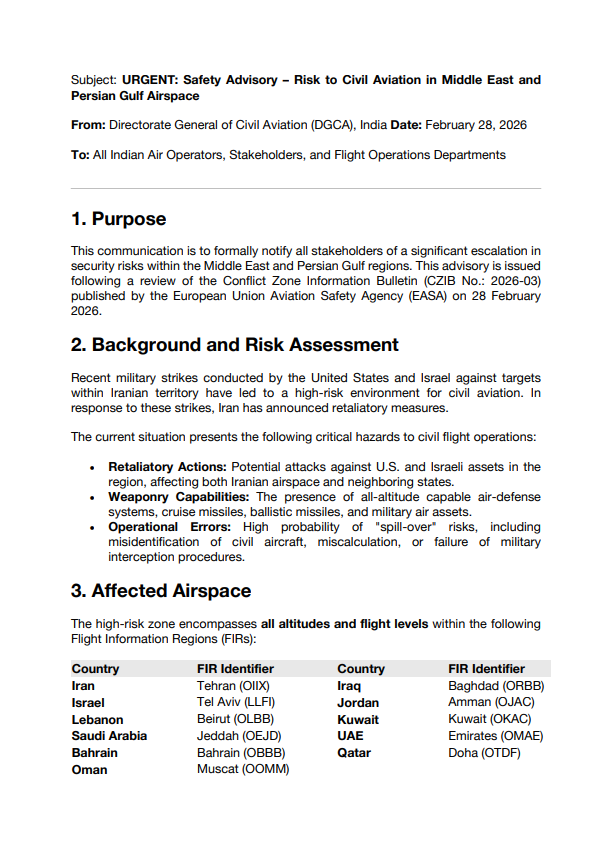 airnewsalerts's tweet image. In view of the evolving situation in West Asia, the Directorate General of Civil Aviation (@DGCAIndia) asks flight operators to closely monitor the security situation in the region.  

In its advisory, the #DGCA has asked all operators to strictly adhere to international airspace