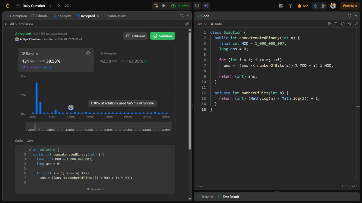 Aditya_Ch_20's tweet photo. Day 182 ✅

Solved Concatenation of Consecutive Binary Numbers.

Used bit shifting to append each number’s binary form and applied modulo at every step to avoid overflow.

Also received DCC February 2026 badge 🏅

#LeetCode #Java #DSA #Consistency https://t.co/x4lT6Z8uCc