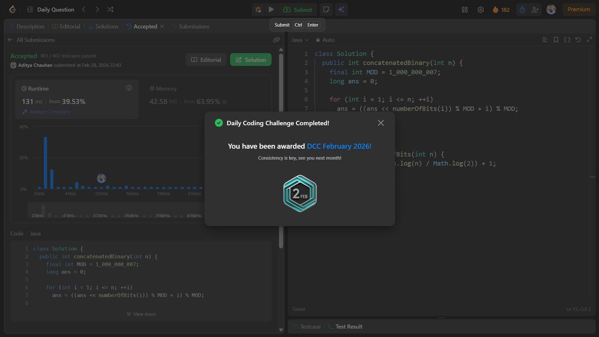 Aditya_Ch_20's tweet photo. Day 182 ✅

Solved Concatenation of Consecutive Binary Numbers.

Used bit shifting to append each number’s binary form and applied modulo at every step to avoid overflow.

Also received DCC February 2026 badge 🏅

#LeetCode #Java #DSA #Consistency https://t.co/x4lT6Z8uCc