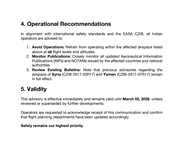 airnewsalerts's tweet image. In view of the evolving situation in West Asia, the Directorate General of Civil Aviation (@DGCAIndia) asks flight operators to closely monitor the security situation in the region.  

In its advisory, the #DGCA has asked all operators to strictly adhere to international airspace