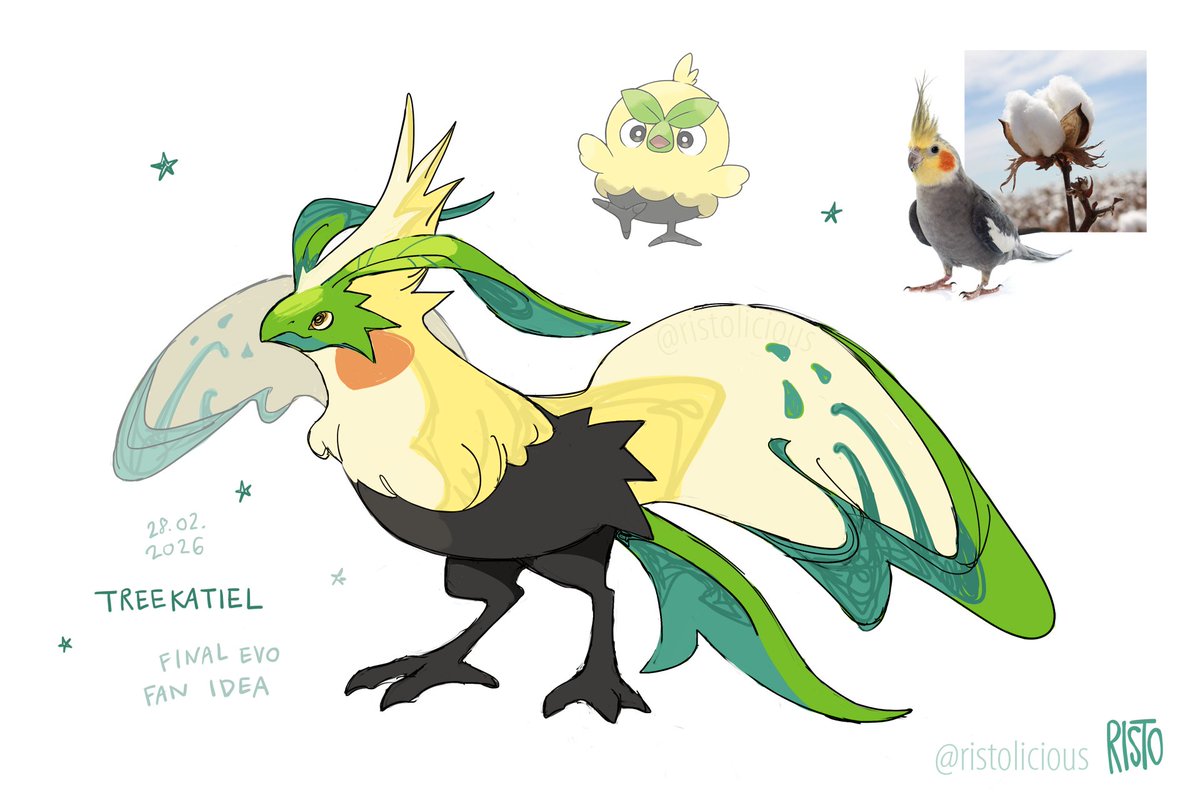 Risto_Licious's tweet photo. sketched up a little idea I had for the final evolution of browt!

(it's cute lil design gave me cotton ball &amp; cockatiel vibes......)

#pokemon #fakemon #browt https://t.co/Ujg3gvsw00