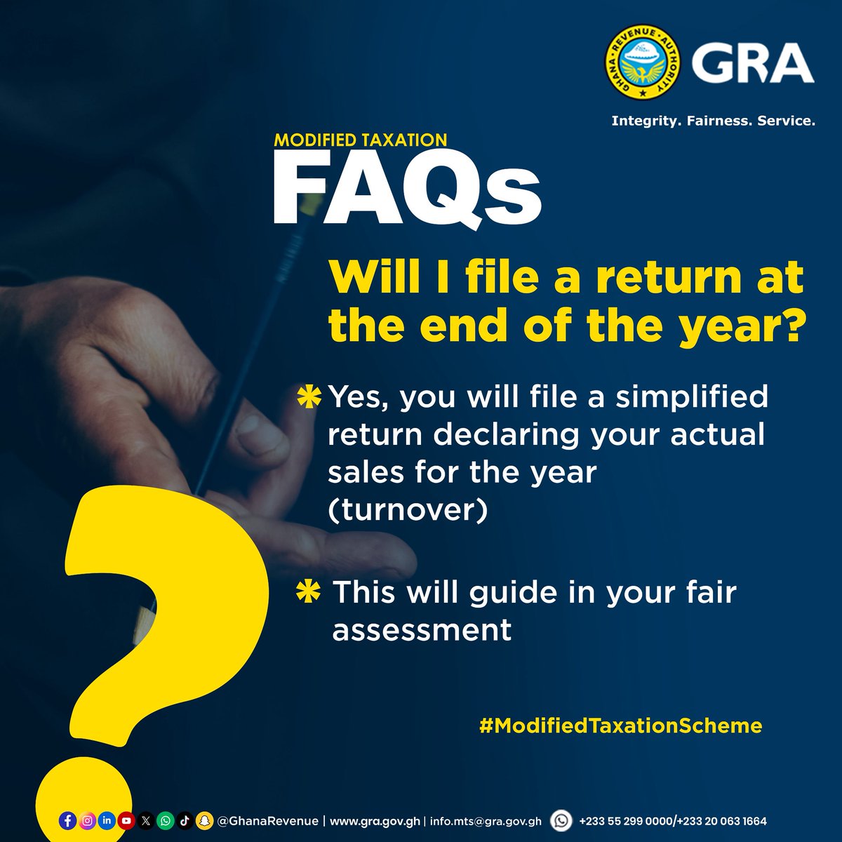 GhanaRevenue's tweet photo. Your returns are to be filed each year to avoid penalties. 
File your returns even if you have not made any sales for the year.
Find out more at https://t.co/ipT60mJDCj

#GRA #GhanaFIRST #ModifiedTaxation https://t.co/S57b4pz0NZ