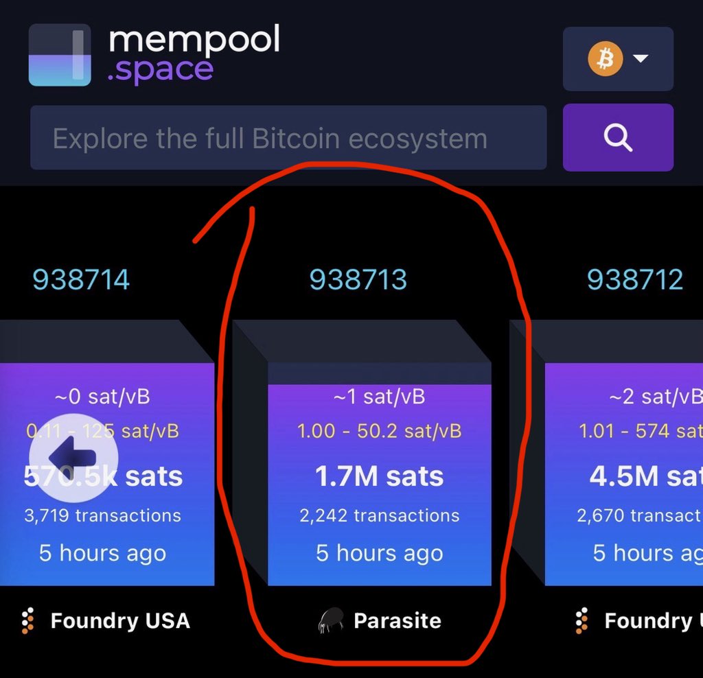 🟧⛏️ Parasite Pool has just mined its first Bitcoin block <a href="/Parasite_wtf/">Parasite Pool</a> 🔥

🔸Block 938,713
🔸Bitcoin reward: ~314,229,255 sats (~$200k)
🔸 Total transaction fees: ~1,700,000 sats (~$1,1k)

Congrats! 🤝