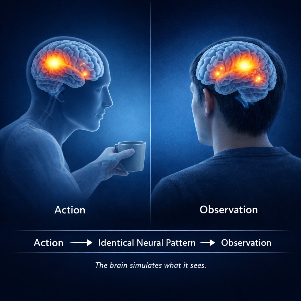 🧠 Mirror neurons fire when you act and when you watch someone else act.

Same neurons. Same pattern.

Discovered in monkeys 1992. Found in humans 2010.

Located in premotor cortex, inferior parietal lobule, somatosensory cortex.

They let you feel what others feel without