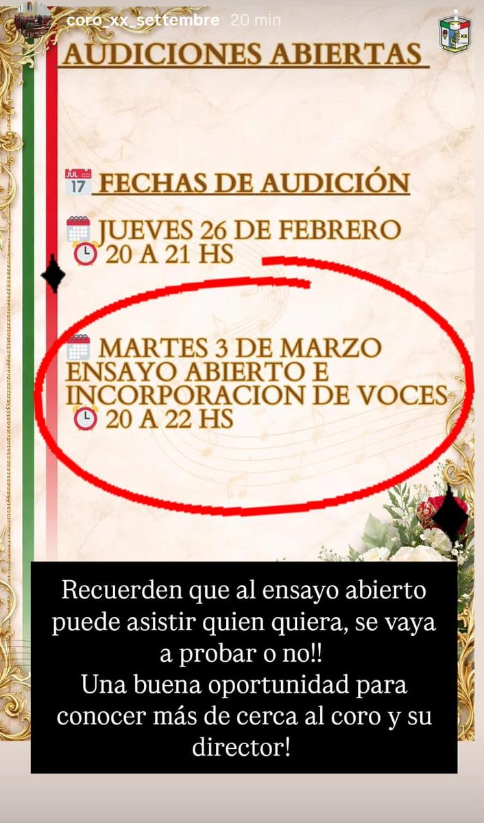 CoroXXMG's tweet photo. El Coro XX Settembre sigue convocando voces en todas sus cuerdas.
Próxima fecha de audición: 3 de marzo (incorporación de voces y ensayo abierto)
Nos encontramos en la Asociación Italiana de Monte Grande, sita en la calle  Hipólito Irigoyen 18.
Los esperamos! https://t.co/7CQUKxI5tg