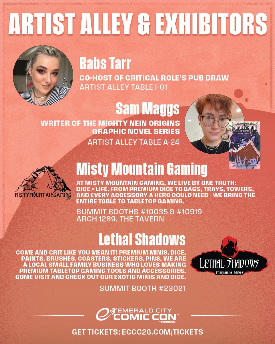 emeraldcitycon's tweet photo. Answer the call of Exandria at ECCC! 🎲 There's a lot of adventures spread out over the weekend for you to enjoy! Meet the cast of Critical Role, &amp; experience Adventures in Exandria: Live on the Main Stage Sunday March 8 at 11:00 AM

Artist Alley is powered by Webtoon. https://t.co/40J8LglJzQ