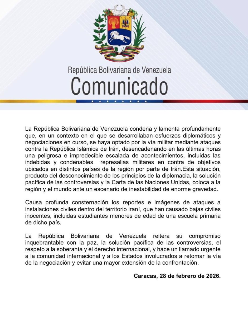 🔴 Venezuela, ABD-İsrail'in İran'a yönelik askeri saldırısını kınadı.