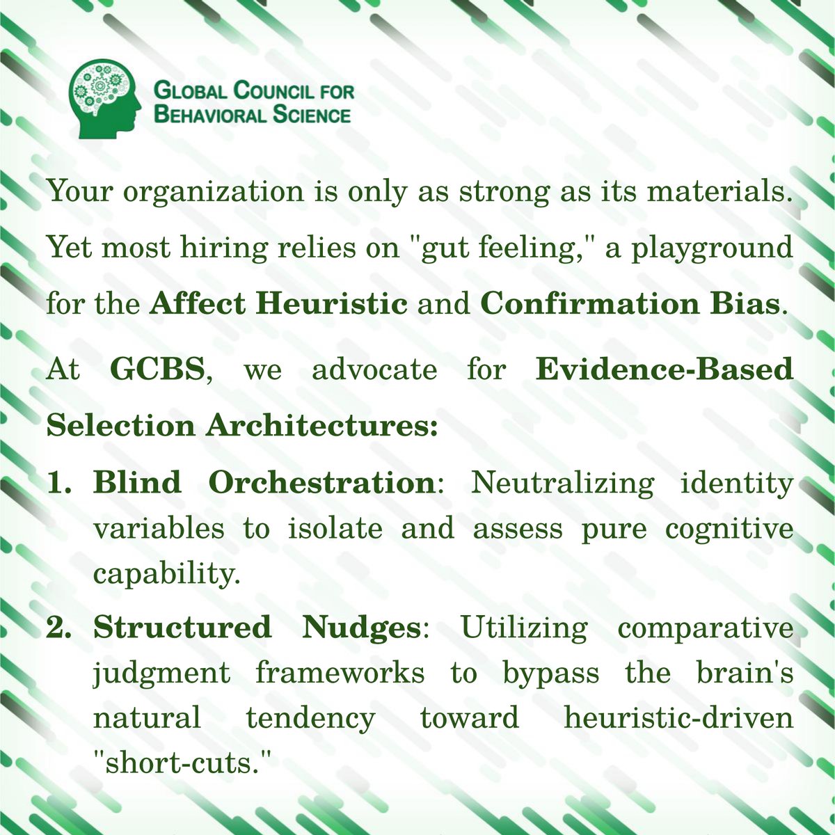GcbsSocials's tweet image. 𝘿𝙚-𝙗𝙞𝙖𝙨𝙞𝙣𝙜 𝙩𝙝𝙚 𝙁𝙤𝙪𝙣𝙙𝙖𝙩𝙞𝙤𝙣

Your organization is only as strong as its materials. Yet most hiring relies on "gut feeling," a playground for the 𝗔𝗳𝗳𝗲𝗰𝘁 𝗛𝗲𝘂𝗿𝗶𝘀𝘁𝗶𝗰 and 𝗖𝗼𝗻𝗳𝗶𝗿𝗺𝗮𝘁𝗶𝗼𝗻 𝗕𝗶𝗮𝘀.

#GCBS #IndustrialPsychology #BehavioralBias