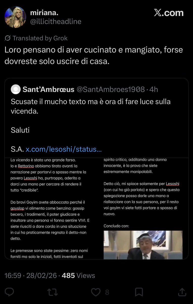Hai ragione Miriana, sarebbe stato meglio :

- fingere una violenza sessuale su Twitter
- intromettersi nella situazione di Gigi ed Elo andando a rendere di dominio pubblico fatti privati che non ti riguardavano 

Accetto la “morale” da altri, ma non da te vipera del cazzo.