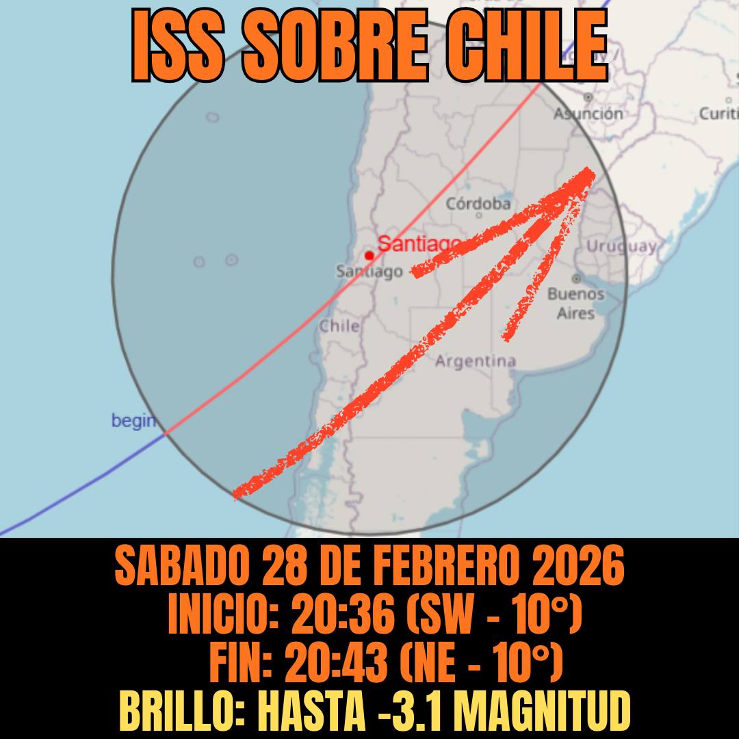 👀 Atención Zona Central: hoy serán los privilegiados.
Estación Espacial Internacional prácticamente sobre sus cabezas.

🕣 Inicio: 20:36
🌟 Máximo: 20:40 (muy alta en el cielo)
🔚 Fin: 20:43
También podrá observarse desde el norte y sur de Chile, e incluso parte de Argentina.