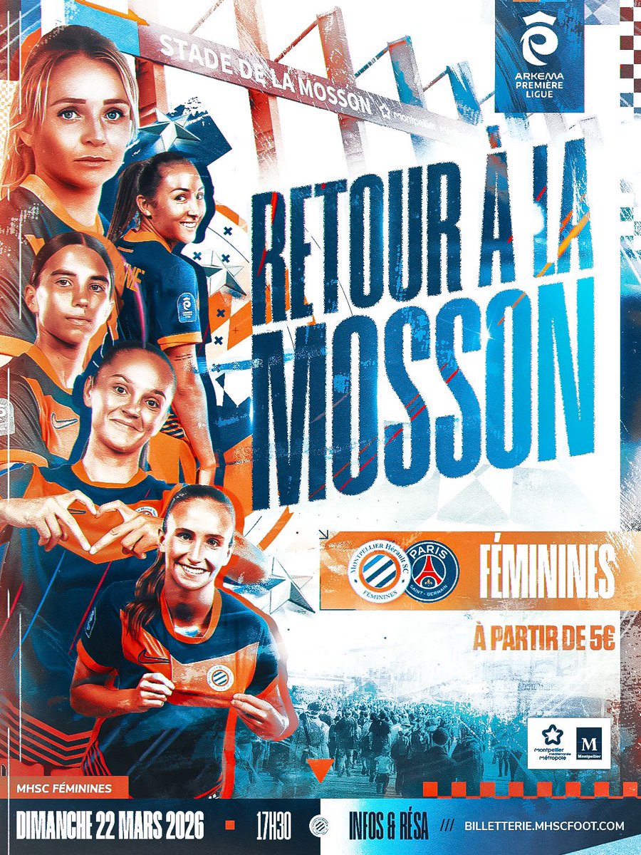 Montpellier__FC's tweet photo. 𝐋𝐄 𝐑𝐄𝐓𝐎𝐔𝐑 𝐀̀ 𝐋𝐀 𝐌𝐎𝐒𝐒𝐎𝐍 !!! 🤩🏟️

🆚 @PSG_Feminines 
🤝 À partir de 5€
📆 Dimanche 22/03 - 17h30
🏟️ Stade de la Mosson 
📺 @CanalplusFoot - @ArkemaPL 

🎟️ https://t.co/mNk9BzGYhG

#MHSCFPSG https://t.co/rnm5KY3D0I