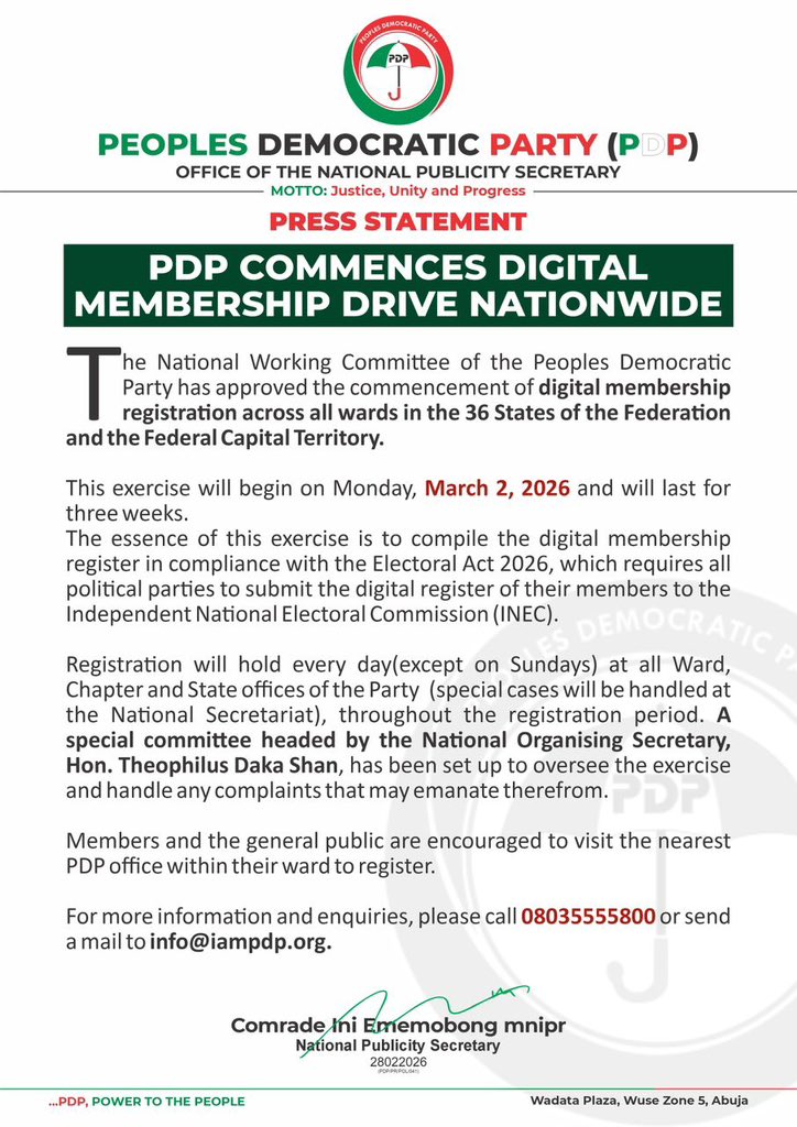 OfficialPDPNig's tweet image. PRESS STATEMENT

PDP COMMENCES DIGITAL MEMBERSHIP DRIVE NATIONWIDE.

The National Working Committee of the Peoples Democratic Party @OfficialPDPNig has approved the commencement of digital membership registration across all wards in the 36 States of the Federation and the Federal
