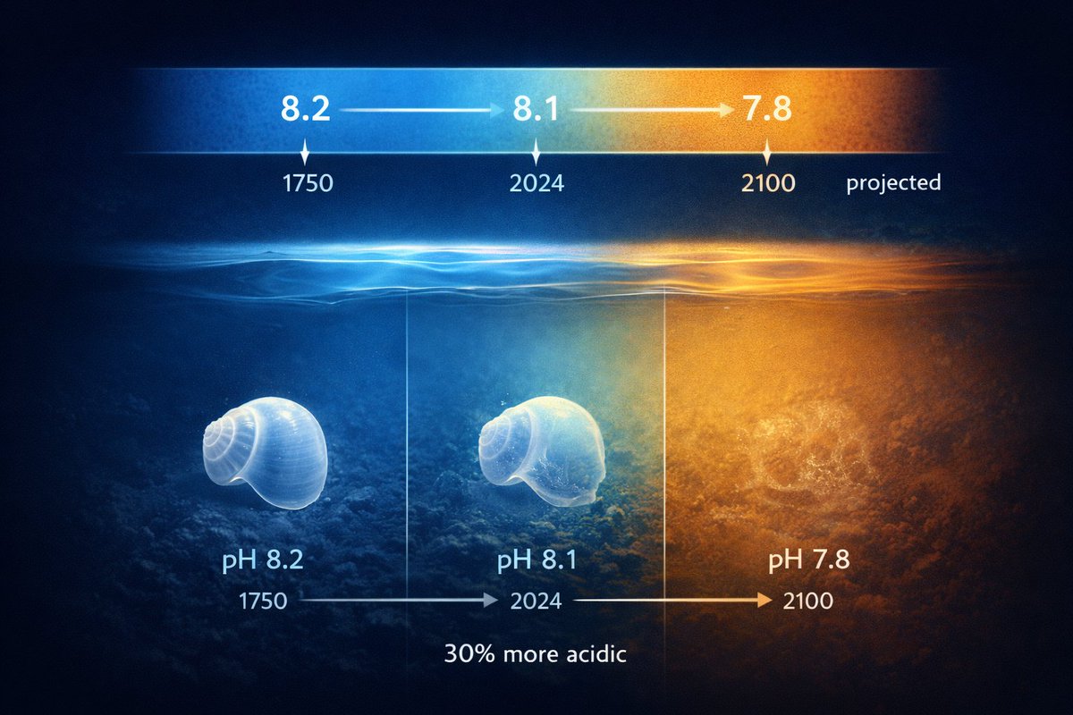 The ocean absorbs 30% of our CO2 emissions.

It's getting more acidic. Fast.

pH dropped from 8.2 to 8.1 since 1750.

Sounds tiny. It's logarithmic. That's a 30% increase in acidity.

By 2100: pH could hit 7.8. Last time it was that low? 14 million years ago. Middle Miocene.