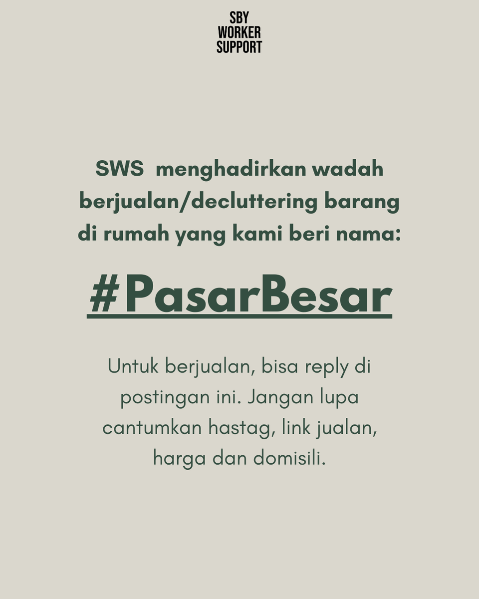 sby_workerspt's tweet photo. SWS menghadirkan wadah jualan yang kami namai #PasarBesar nih rek! Wadah ini akan kami agendakan tiap tanggal 1 tiap bulannya
Mari yang mau jualan, bisa reply disini disertai hastag, link jualan, harga dan domisili ya! Yang nggak lengkap, akan kami hide demi kenyamanan bersama https://t.co/RXiV3mw9DO