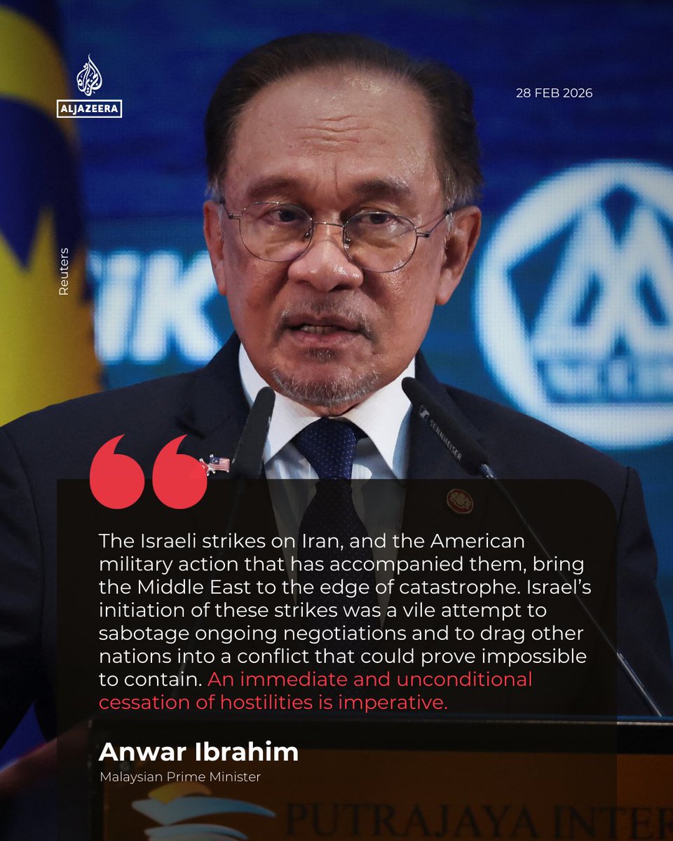 Malaysia's PM Anwar Ibrahim said that the joint US-Israeli strikes on Iran will "bring the Middle East to the edge of catastrophe," urging the US and Iran to pursue a diplomatic solution rather than further escalation.
