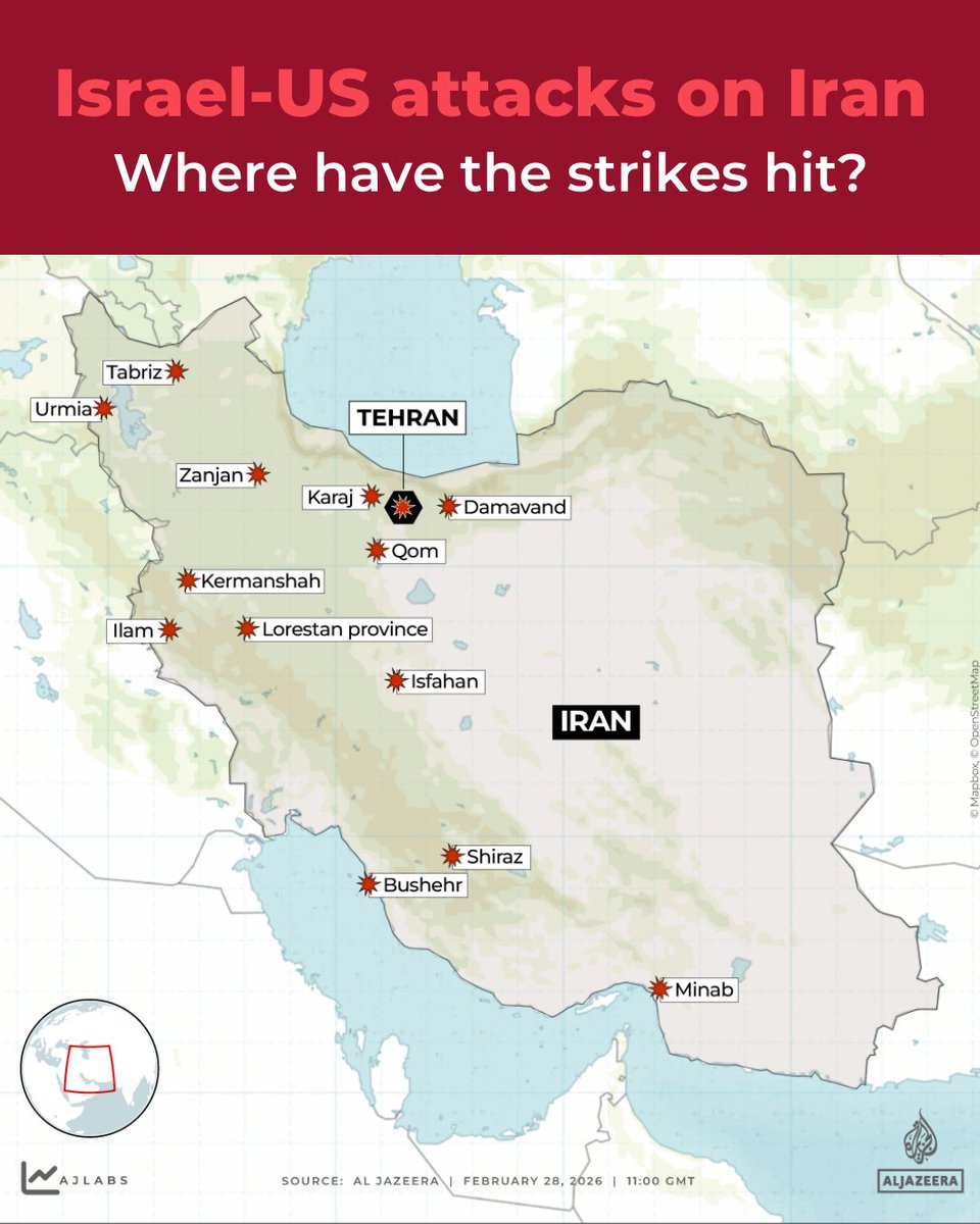 AJEnglish's tweet photo. Where have the US and Israel hit Iran?

Several of the locations targeted by US and Israeli strikes are near important sites in Iran, including nuclear and oil industry installations.

🔗: https://t.co/sj6qcSxgGN https://t.co/x8mmrlF4o4