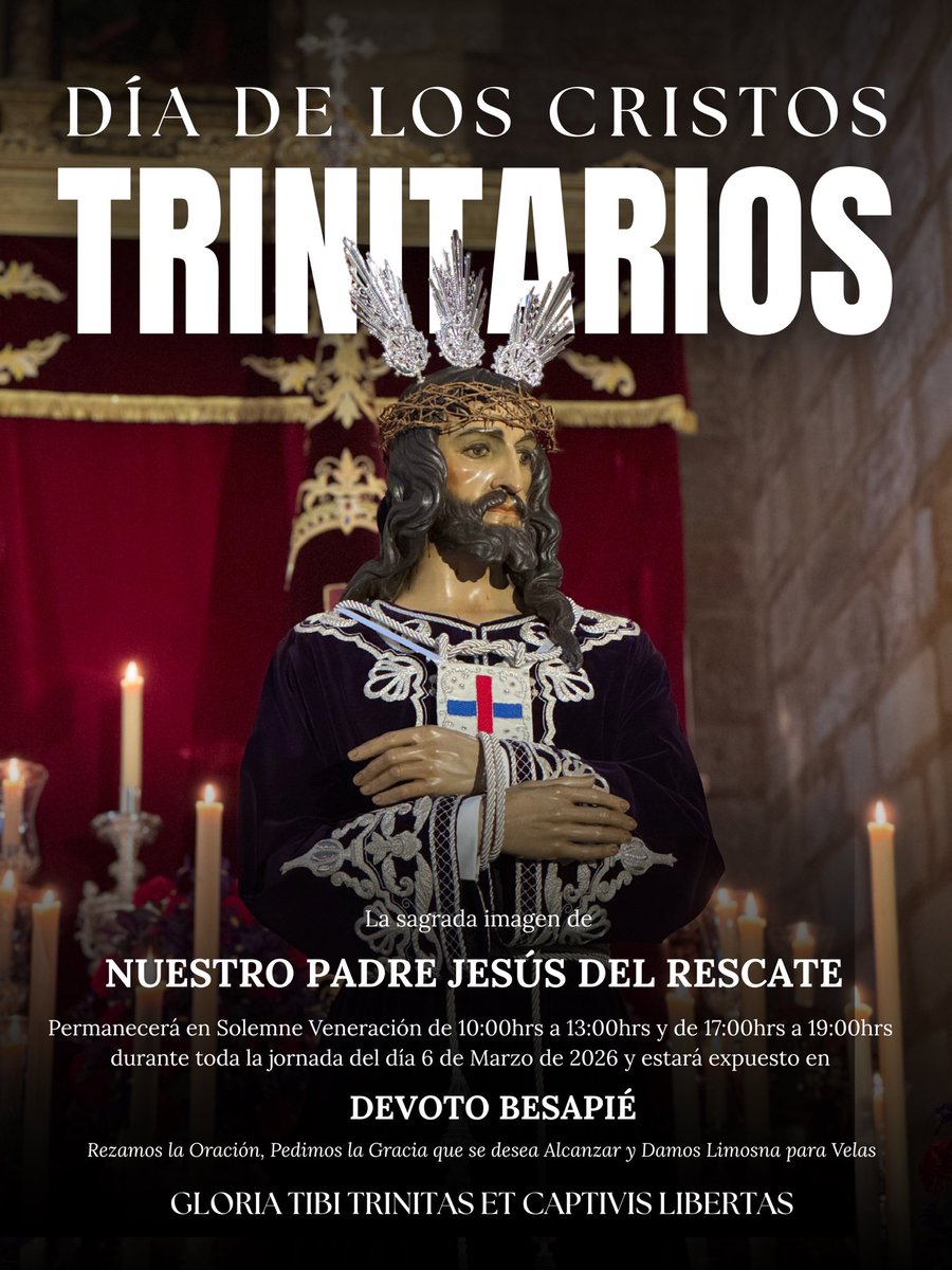 ✝️ | 𝐃𝐈́𝐀 𝐃𝐄 𝐋𝐎𝐒 𝐂𝐑𝐈𝐒𝐓𝐎𝐒 𝐓𝐑𝐈𝐍𝐈𝐓𝐀𝐑𝐈𝐎𝐒 | 🔴🔵

Con motivo de la celebración del Día de los Cristos Trinitarios, Ntro. Padre Jesús del Rescate permanecerá en Solemne Veneración y Devoto Besapié durante la jornada del próximo 6 de marzo

#RescateyDolores