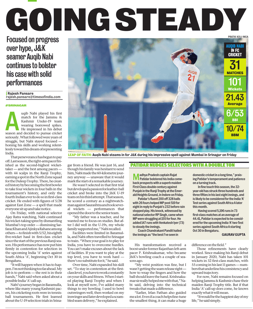 rajeshpansare's tweet photo. #replugged from fringes of J&amp;K cricket, to contender for a Test team spot, Auqib Nabi has come a long way #MumbaiMirror https://t.co/ITpWcD4rqg