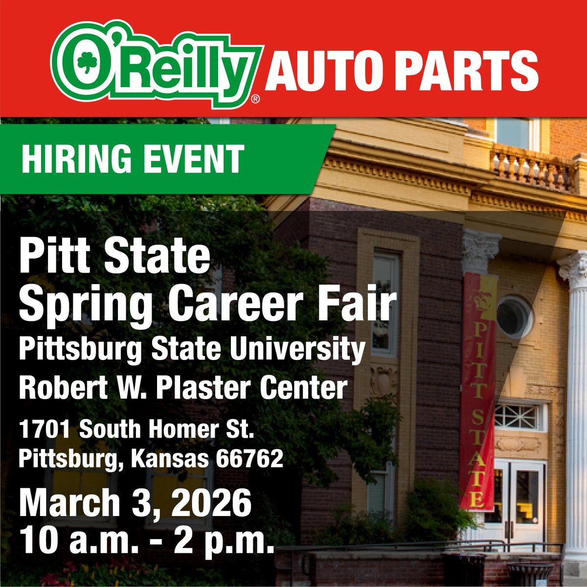 OReillyCareers's tweet photo. New venue: The 2026 Spring Career Fair will take place at the Robert W. Plaster Center this year. We can’t wait to introduce a whole band of PSU gorillas to the many career opportunities at #TeamOReilly! https://t.co/MraygIPbNd