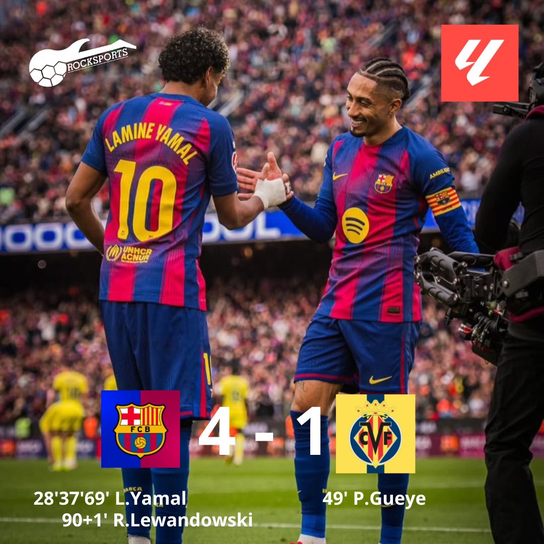 #laliga 
⚽ FC Barcelona venció, de manera contundente, al Villarreal por la jornada 26 de @laliga 
🔝 Los catalanes siguen en la cima del campeonato español, sumando 64 unidades 
☑️ Lamine Tamal anotó 'hat-trick' en la victoria de su equipo