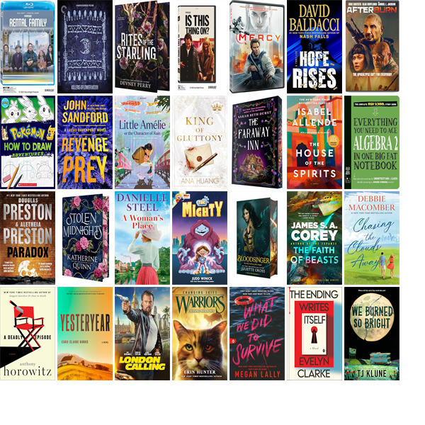 FramPub's tweet photo. This week the Framingham Public Library has 130 new books and fifteen new movies.  New items include Rental Family, Killers of the Flower Moon, Shield of Sparrows, Mercy, Hope Rises, Afterburn, PokΘmon How to Draw Adventures, and Revenge Prey. https://t.co/vfCXXkzeDZ https://t.co/yHNvyLHNBU