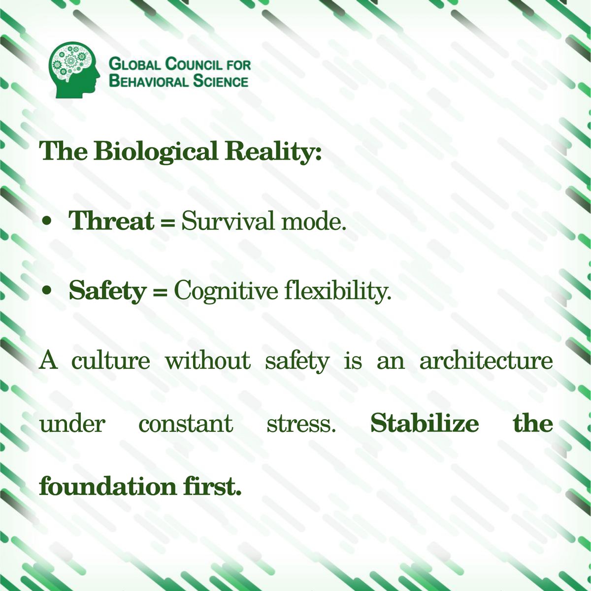 GcbsSocials's tweet image. Safety isn't a Perk. It's Infrastructure.

Is Psychological Safety a "soft skill"? Neurobiology says no.

Without safety, the brain enters a "Threat State," flooding the system with cortisol and shutting down the prefrontal cortex. 
#GCBS #PsychologicalSafety #Neuroscience