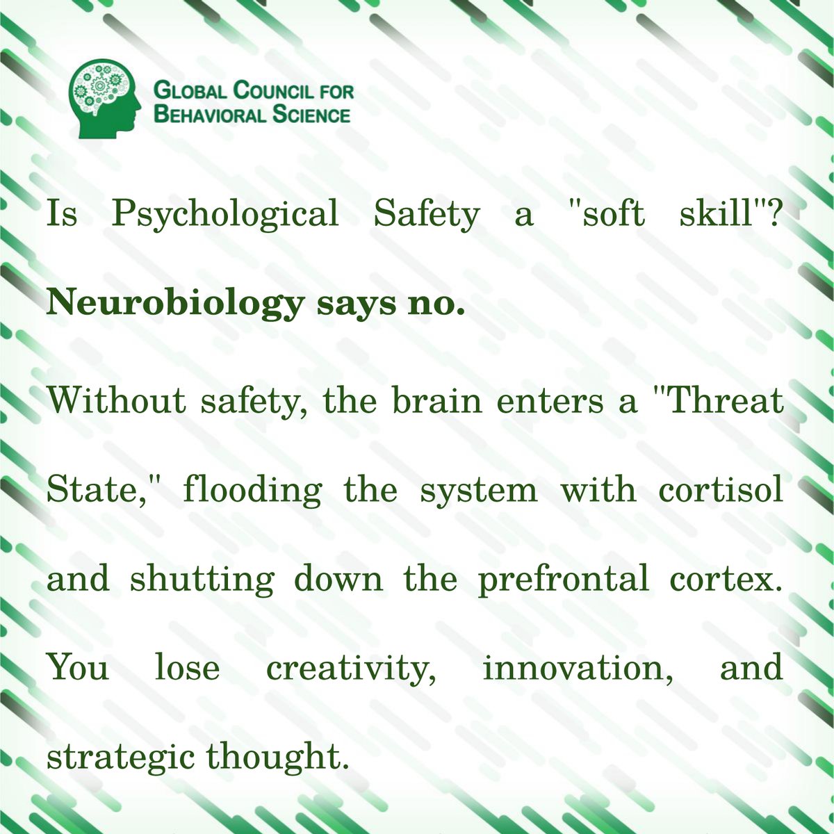 GcbsSocials's tweet image. Safety isn't a Perk. It's Infrastructure.

Is Psychological Safety a "soft skill"? Neurobiology says no.

Without safety, the brain enters a "Threat State," flooding the system with cortisol and shutting down the prefrontal cortex. 
#GCBS #PsychologicalSafety #Neuroscience