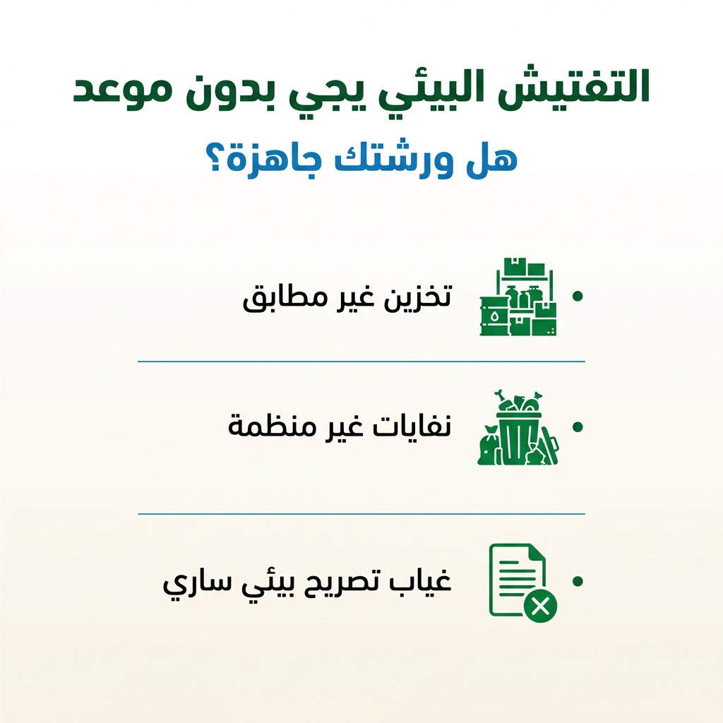 ecoprconsulting's tweet photo. التفتيش البيئي يجي بدون موعد.

السؤال:
هل ورشتك جاهزة؟

تفاصيل صغيرة ممكن تسبب مخالفة.

تابعنا عشان تعرف أهم الاشتراطات 👇

#ورش_سعودية #تصريح_بيئي #تفتيش_بيئي #امتثال_بيئي https://t.co/NRQFmN9iwA