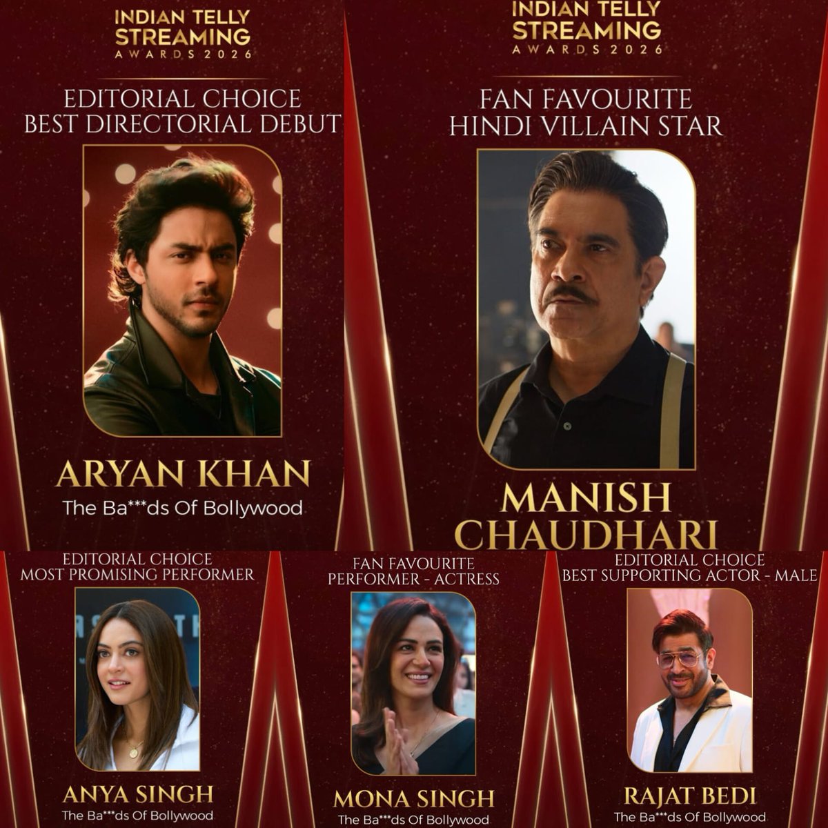 SRKUniverse's tweet photo. The BADness is officially unstoppable! 🖤💥The Bads of Bollywood just owned the India Telly Streaming Awards 2026 ❤️‍🔥

@iamsrk #AryanKhan @gaurikhan @RedChilliesEnt @NetflixIndia @BilalS158 

#ShahRukhKhan #SRK #Netflix       #TheBadsOfBollywood #AnyaSingh #RajatBedi #MonaSingh #ManishChaudhari #TheBadsOfBollywoodOnNetflix