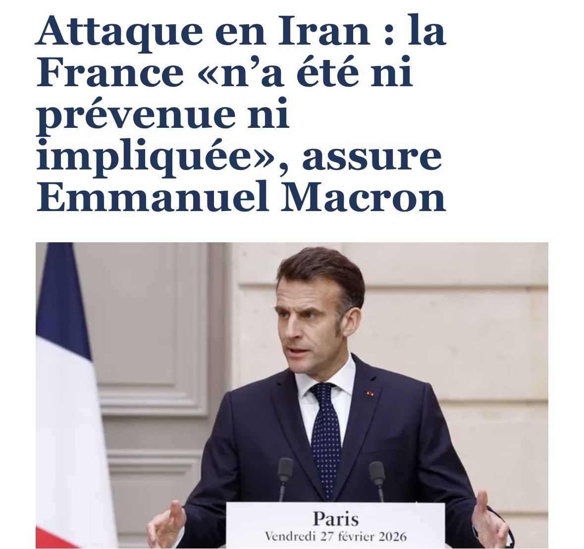 La question est de savoir pourquoi la France « n’a été ni prévenue ni impliquée » et si elle se serait impliquée si elle avait été prévenue. 
N’aurait-il pas été en son honneur de participer à la liberation de la tyrannie du régime des mollahs attendue par le peuple iranien ?