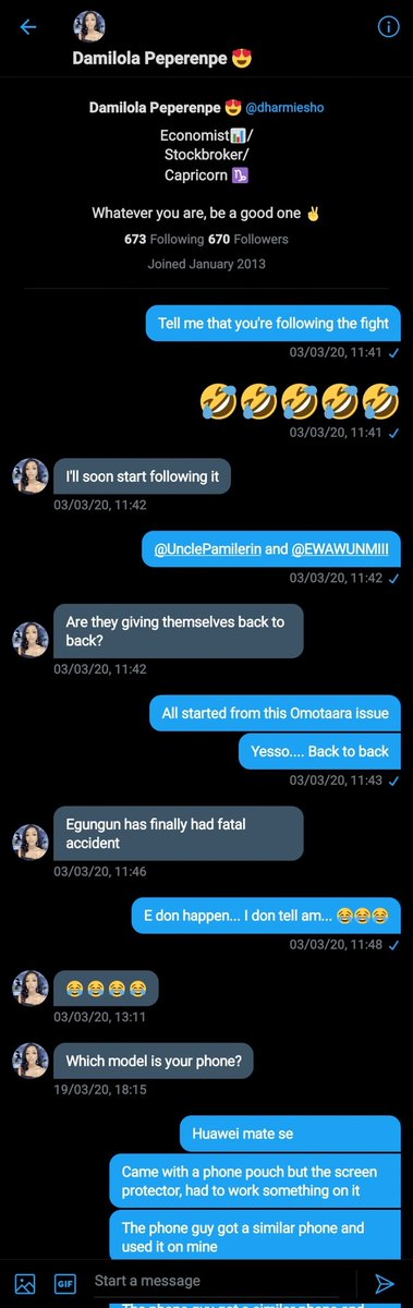 So I asked who would help me with this pamilerin gist. Then I dm'd to tell to follow recent updates. We talked that day via dm. Then, some days later, she tweeted about how difficult it is to get Huawei phone accessories in Naij, and then I dm'd to ask for her number.