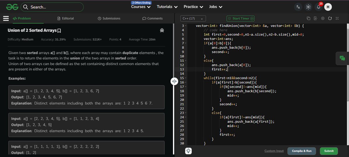 HarshArya00101's tweet image. Jai Shri Ram! 🙏
𝐃𝐚𝐲 𝟔: 𝐃𝐒𝐀 𝐒𝐡𝐞𝐞𝐭 𝐏𝐫𝐨𝐠𝐫𝐞𝐬𝐬🚀
✅ Union of Two Sorted Arrays
✅ Three way partitioning
✅ Frogs and Jumps
All thanks to @rohit_negi9 and @CoderArmy 
#StrikeBatch #DSA #Array