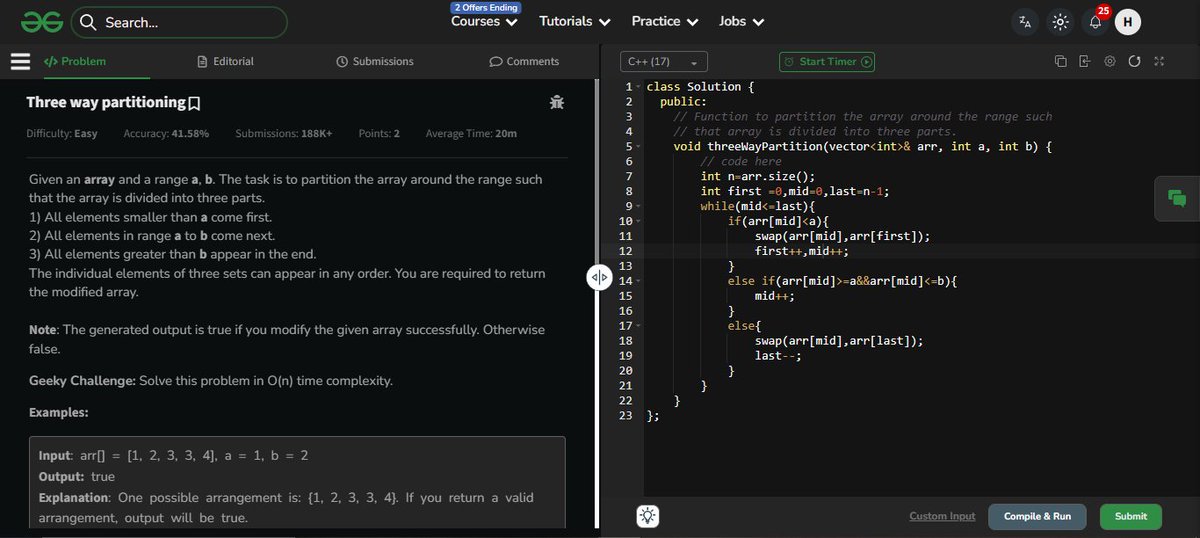 HarshArya00101's tweet image. Jai Shri Ram! 🙏
𝐃𝐚𝐲 𝟔: 𝐃𝐒𝐀 𝐒𝐡𝐞𝐞𝐭 𝐏𝐫𝐨𝐠𝐫𝐞𝐬𝐬🚀
✅ Union of Two Sorted Arrays
✅ Three way partitioning
✅ Frogs and Jumps
All thanks to @rohit_negi9 and @CoderArmy 
#StrikeBatch #DSA #Array