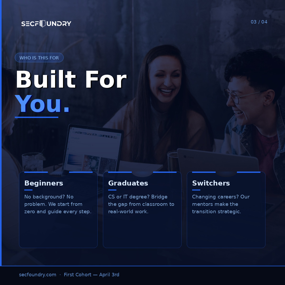 joinsecfoundry's tweet photo. SecFoundry's First Cohort is now open for enrollment.

A structured, hands-on cybersecurity training program built for beginners, graduates, and career switchers ready to break into the field.